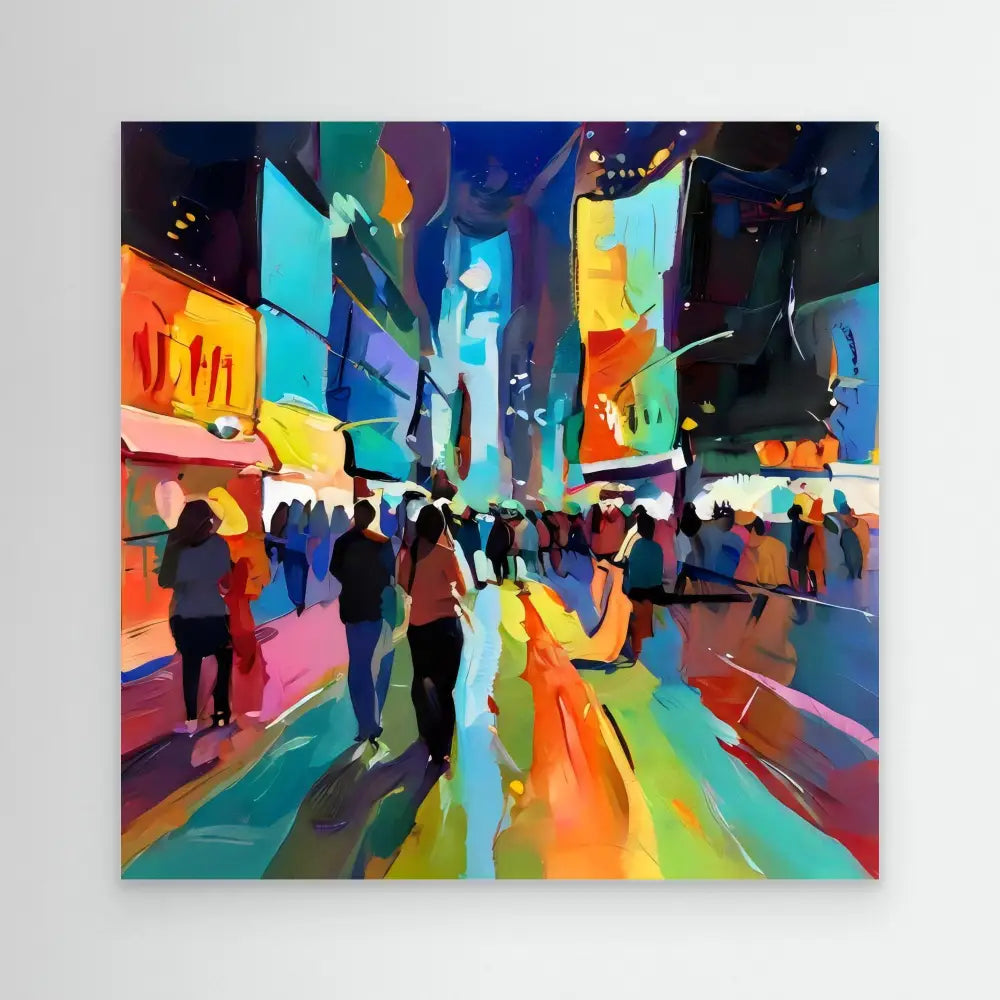 Vibrant abstract painting of Times Square at night with silhouetted pedestrians and colorful billboards.