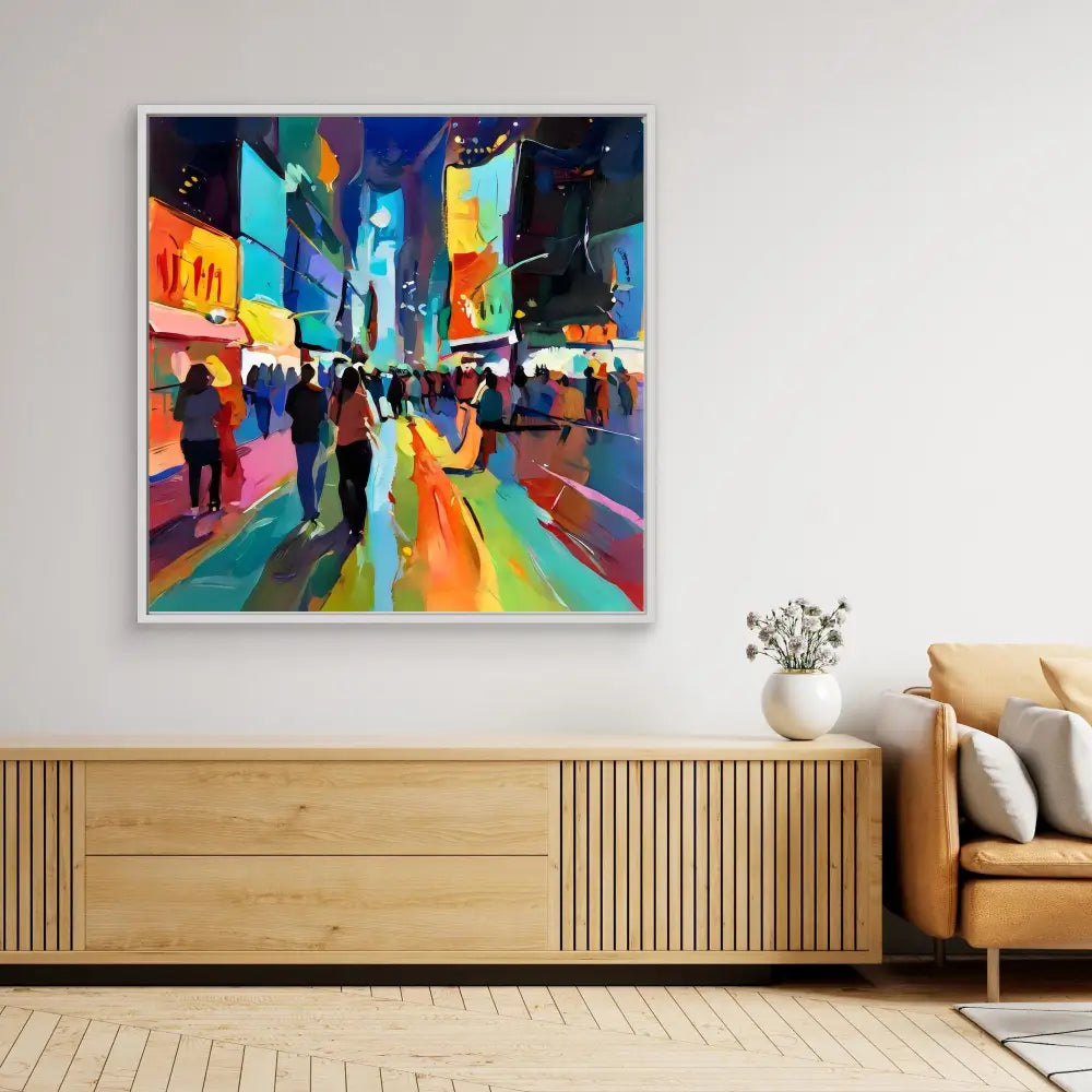 Vibrant abstract painting of Times Square at night with colorful reflections on the street.