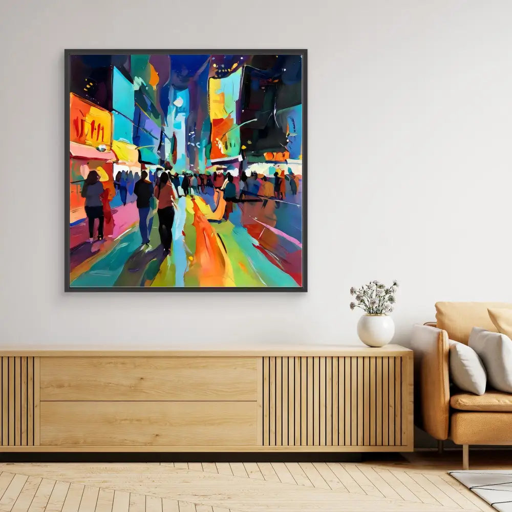 Vibrant abstract painting of Times Square at night with colorful reflections and silhouetted figures.