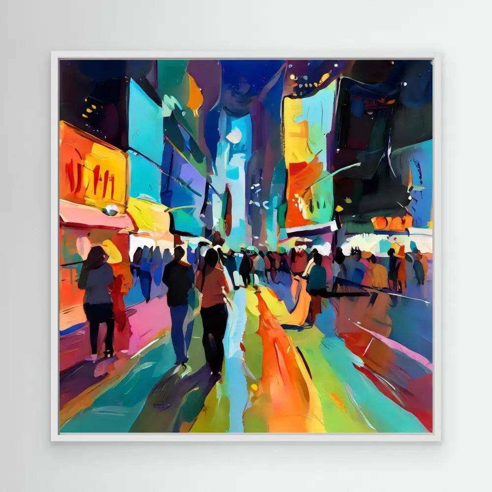 Vibrant abstract painting of Times Square at night with silhouetted pedestrians and colorful billboards.