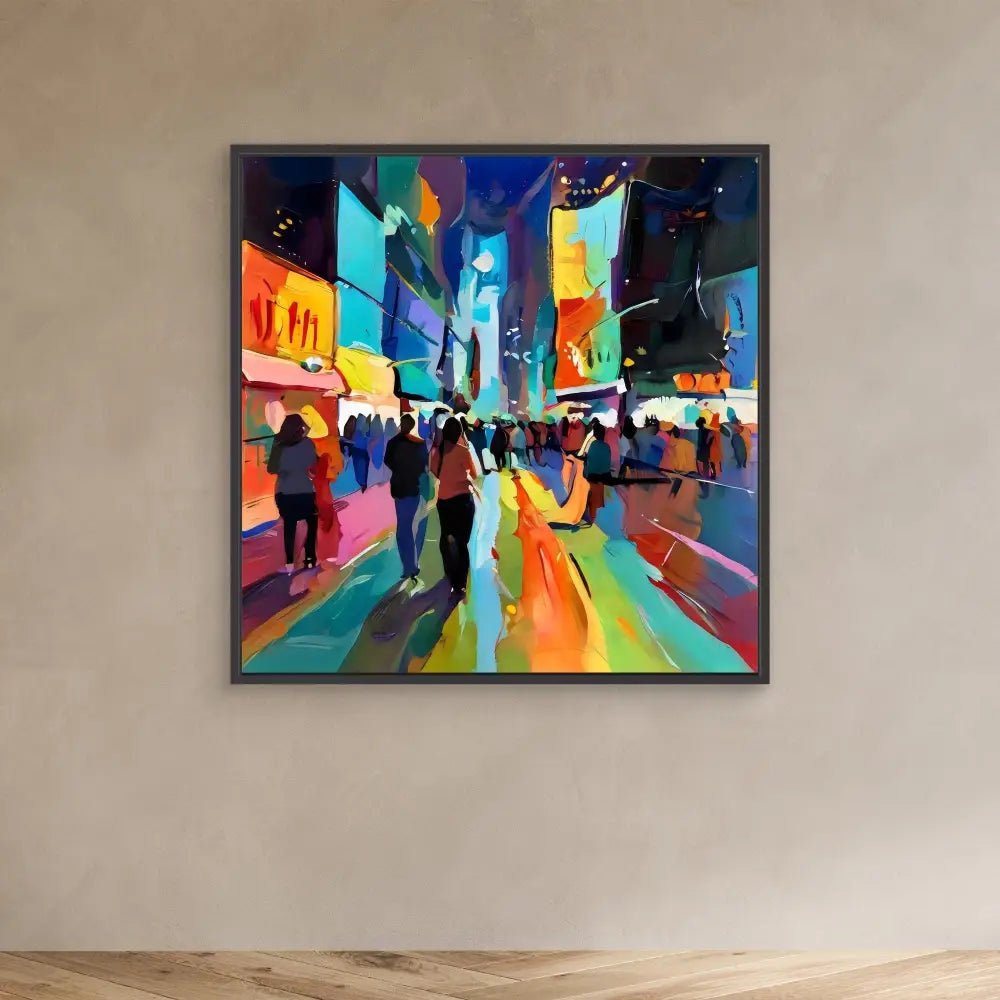 Vibrant abstract painting of Times Square at night with colorful reflections and silhouetted figures.