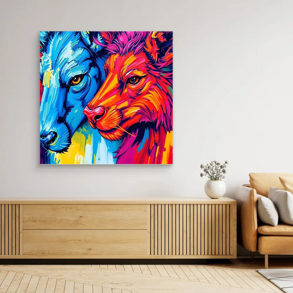 Vibrant abstract painting of two wolves in contrasting blue and orange-red colors.