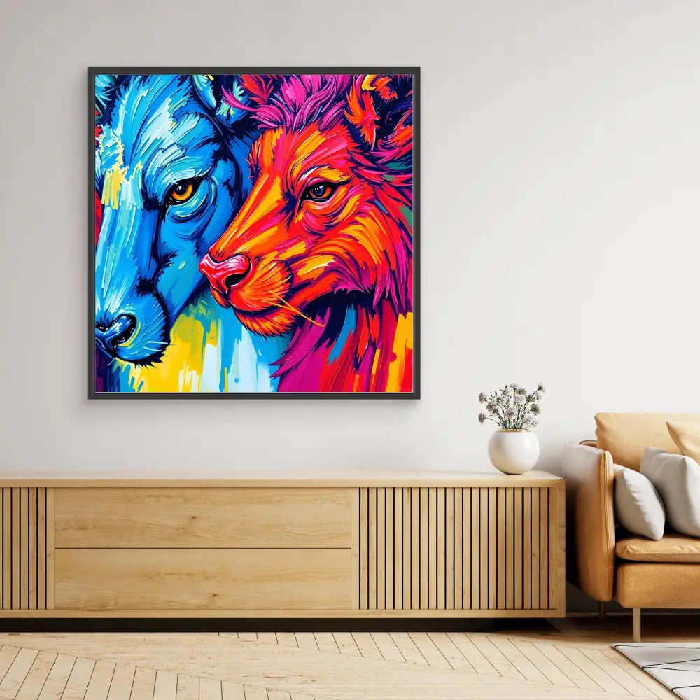 Vibrant abstract painting of two wolves in contrasting blue and orange-red colors.