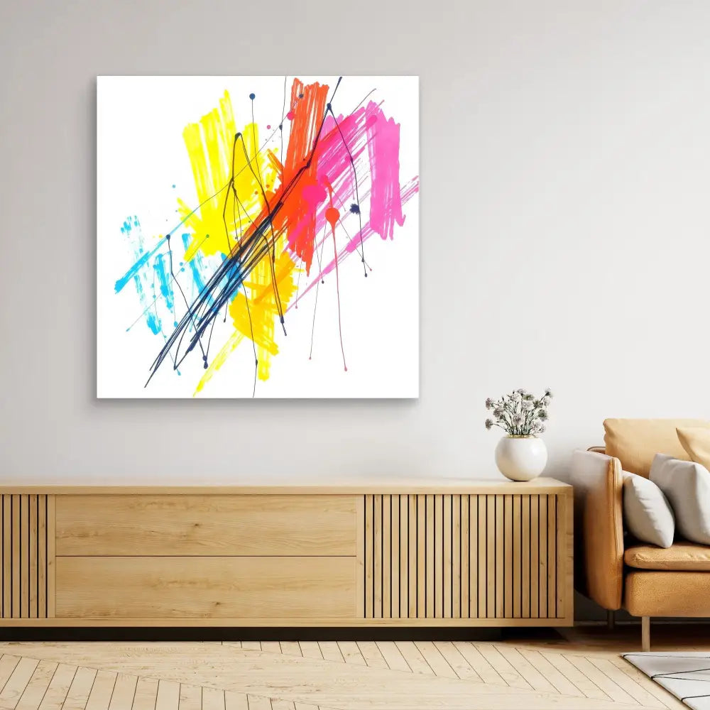 Vibrant abstract painting with yellow, red, pink and blue paint splashes intersected by diagonal black lines.