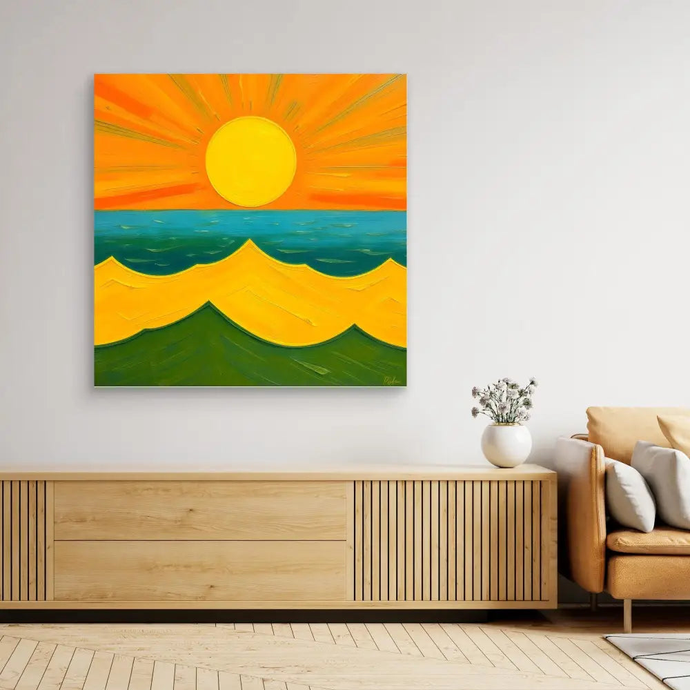 Vibrant abstract painting featuring a yellow sun over rolling green and yellow hills against a teal ocean.