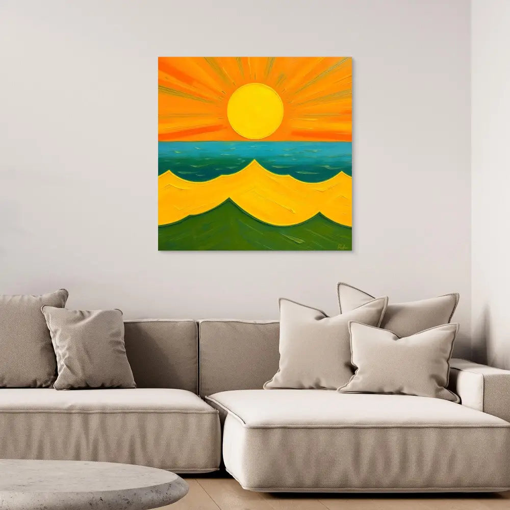 Vibrant abstract painting featuring a yellow sun over rolling hills and ocean waves in orange, green and blue tones.