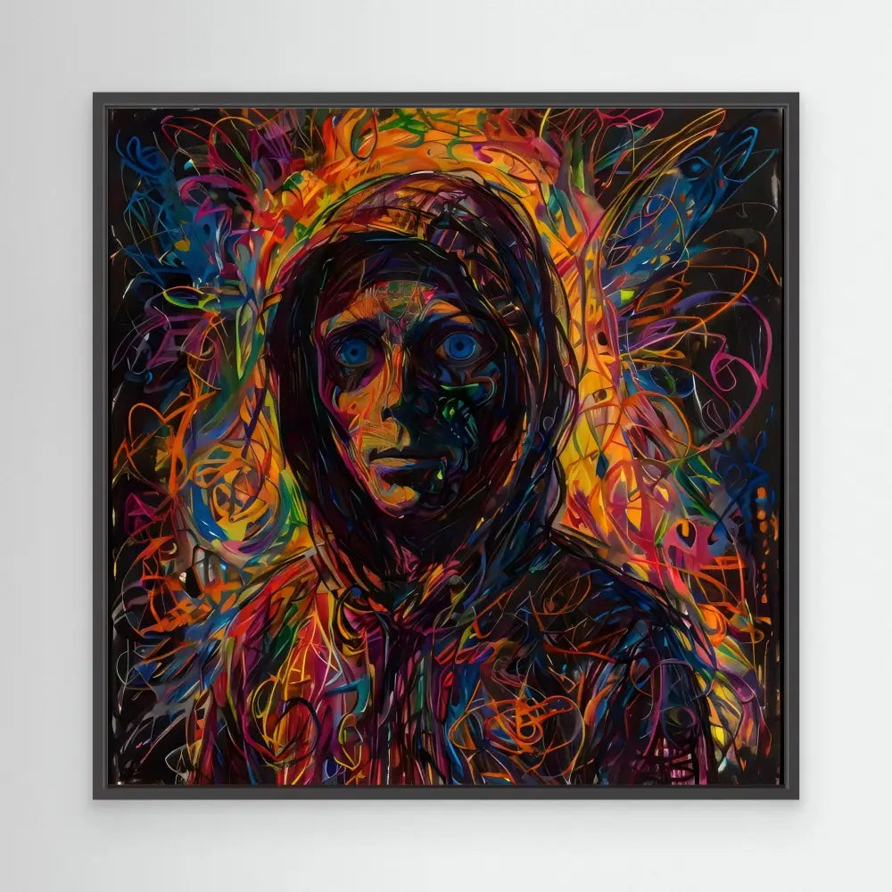 A vibrant, abstract portrait of a hooded figure created with swirling, colorful brushstrokes.