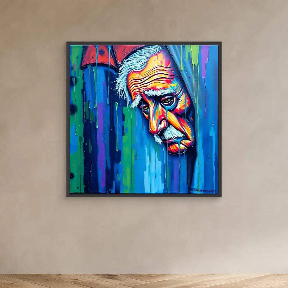 Vibrant abstract portrait painting with bold blue, green and orange colors showing an elderly figure’s face emerging from dripping streaks.