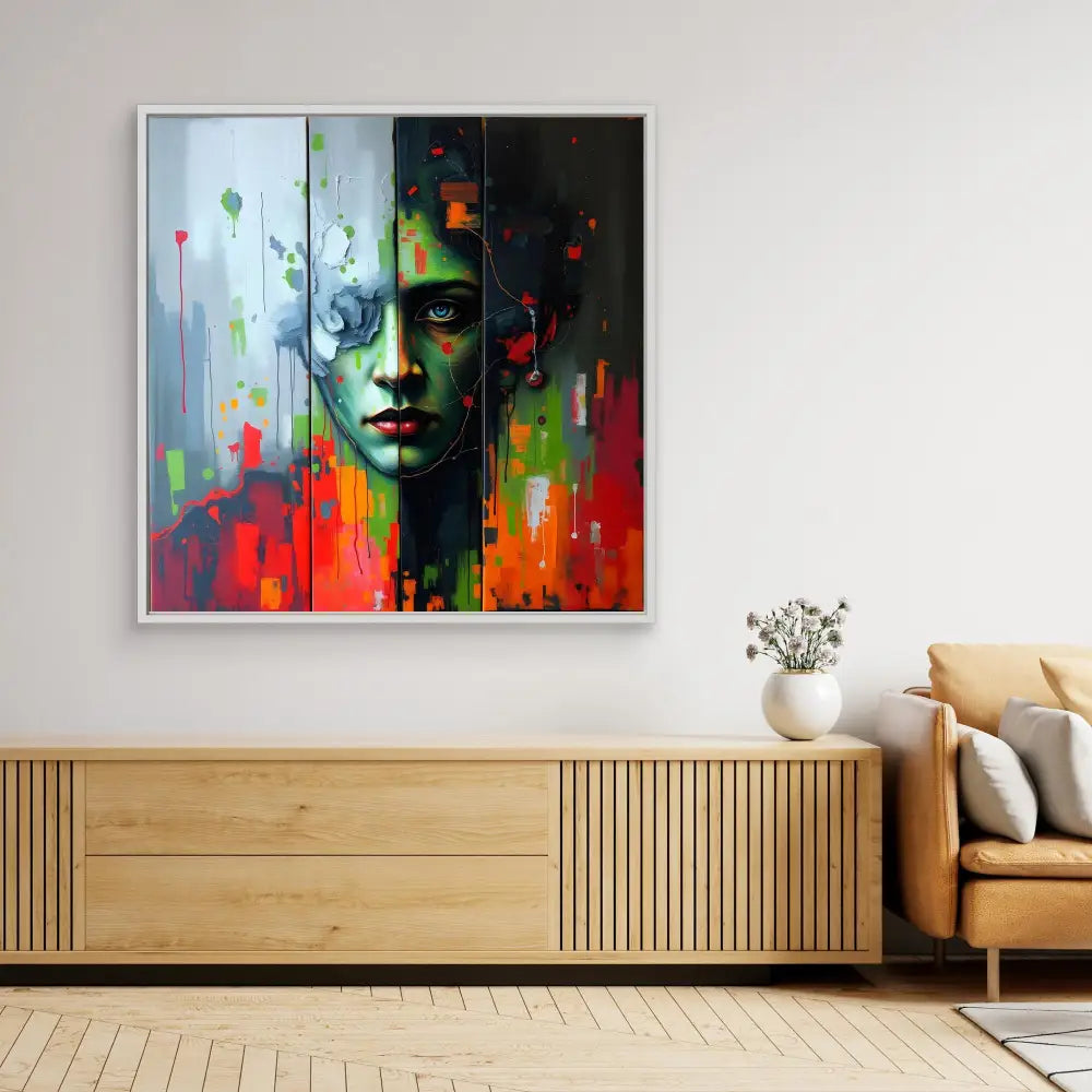 Vibrant abstract portrait painting with colorful drips and splashes against a dark background.