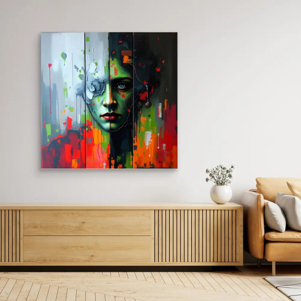 Vibrant abstract portrait painting with colorful dripping paint effects and dramatic contrasts.