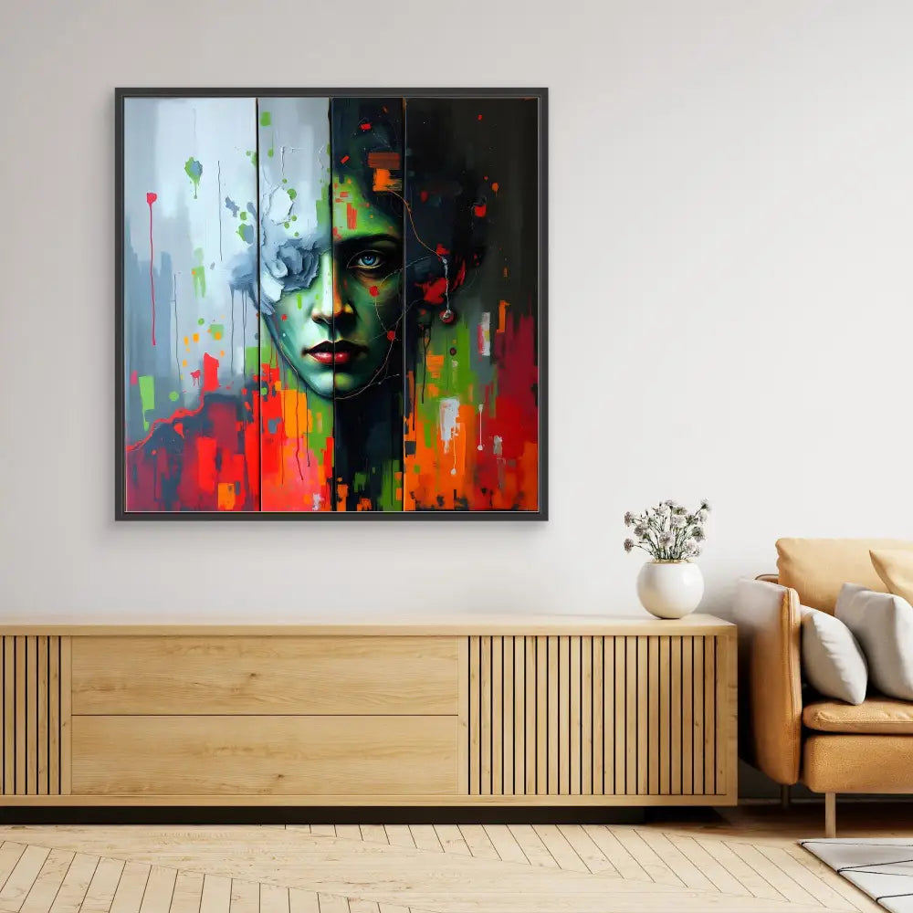 Vibrant abstract portrait painting with colorful drips and splashes against a dark background.