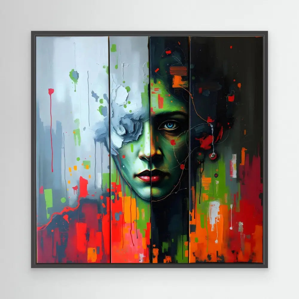 Vibrant abstract portrait painting with dripping colors split between cool blues/greens and warm reds/oranges.