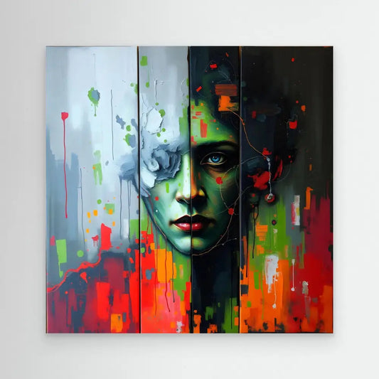 Vibrant abstract portrait painting with dripping colors in green, red and orange tones.