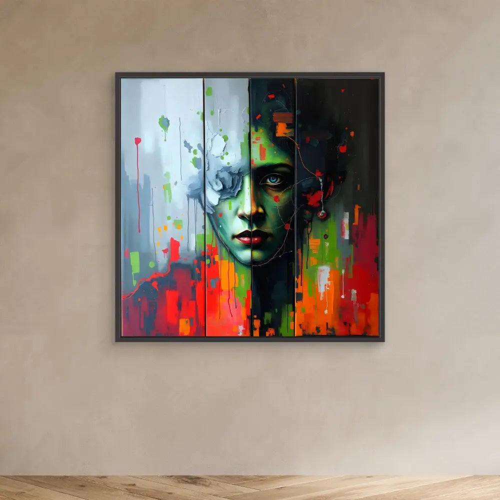 Vibrant abstract portrait painting featuring dramatic red, green and black colors with dripping paint effects.