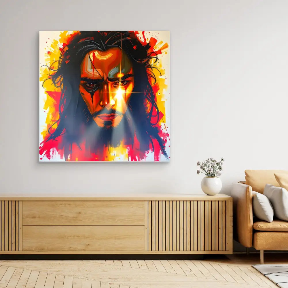 Vibrant abstract portrait painting with dramatic red, yellow and orange color splashes.