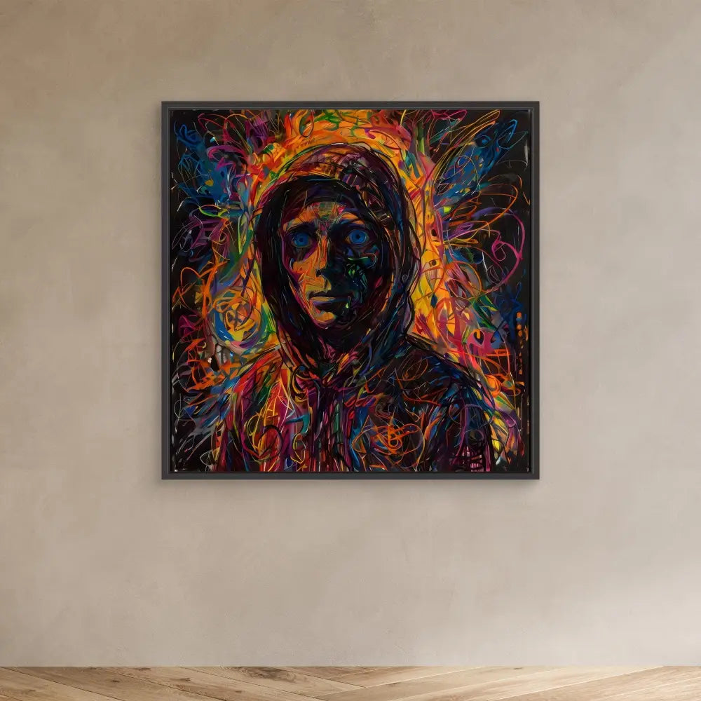 Vibrant abstract portrait painting featuring a hooded figure surrounded by swirling multicolored brushstrokes.