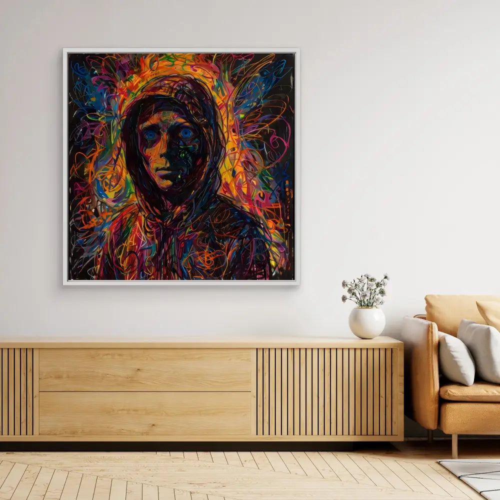 Vibrant abstract portrait painting with swirling multicolored patterns surrounding a hooded figure.