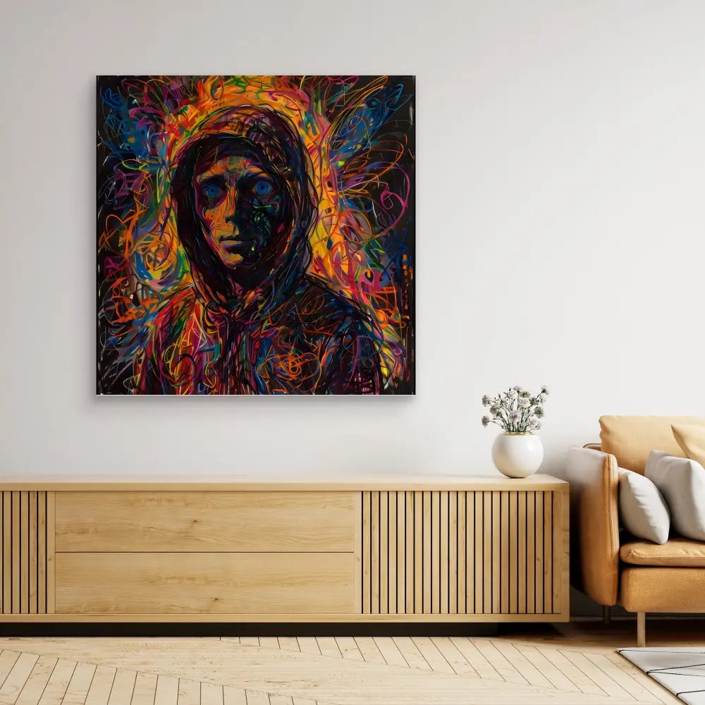 Vibrant abstract portrait painting featuring swirling multicolored patterns around a hooded figure.