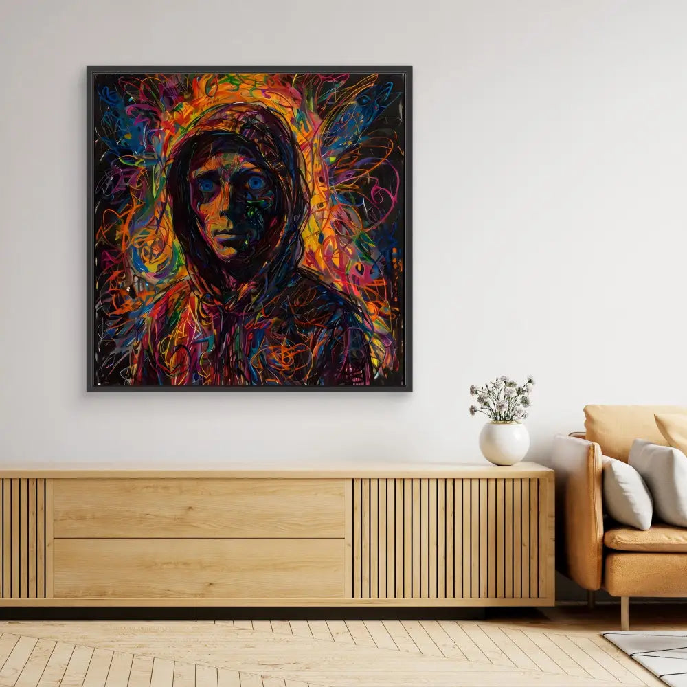 Vibrant abstract portrait painting featuring swirling multicolored lines against a dark background.