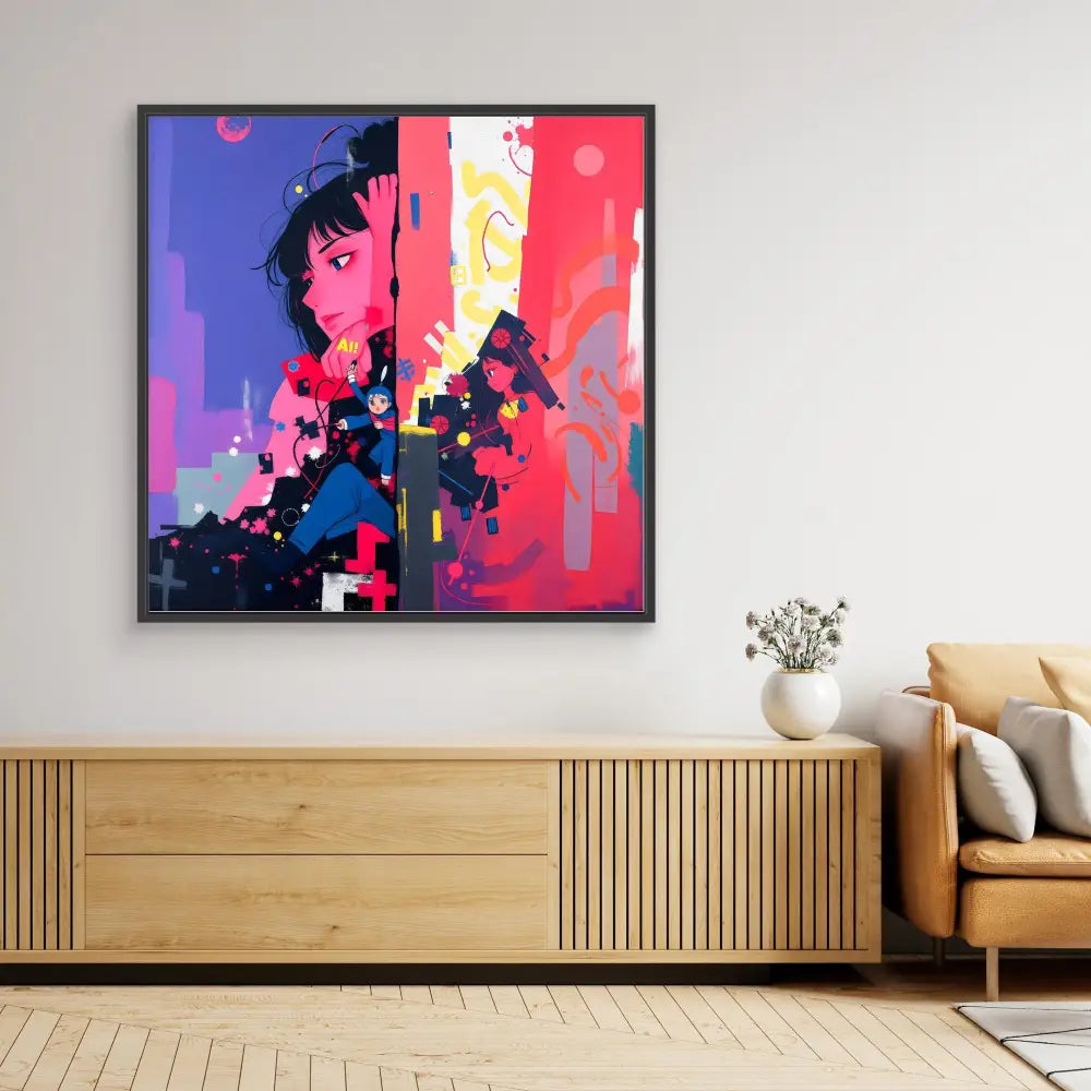 A vibrant abstract portrait painting with pink, purple, and blue pixelated elements in a black frame.