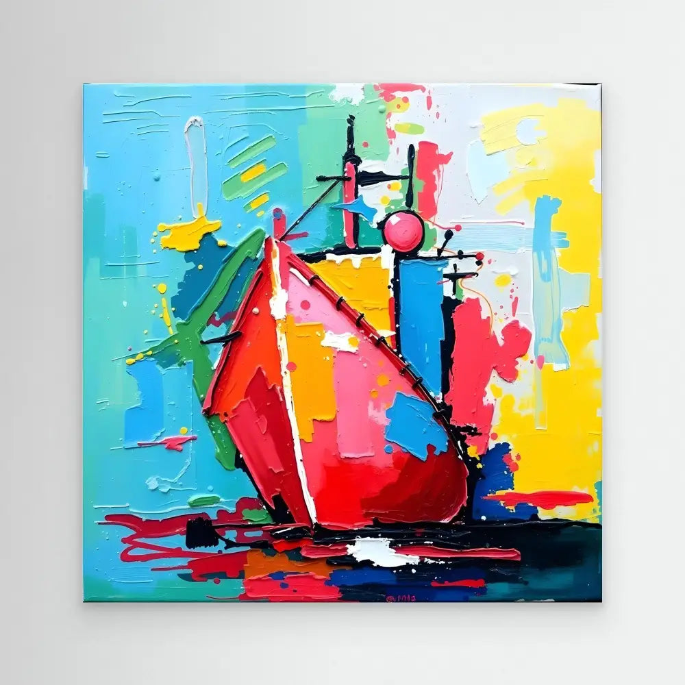 A vibrant abstract sailboat rendered in bold red and blue brushstrokes.