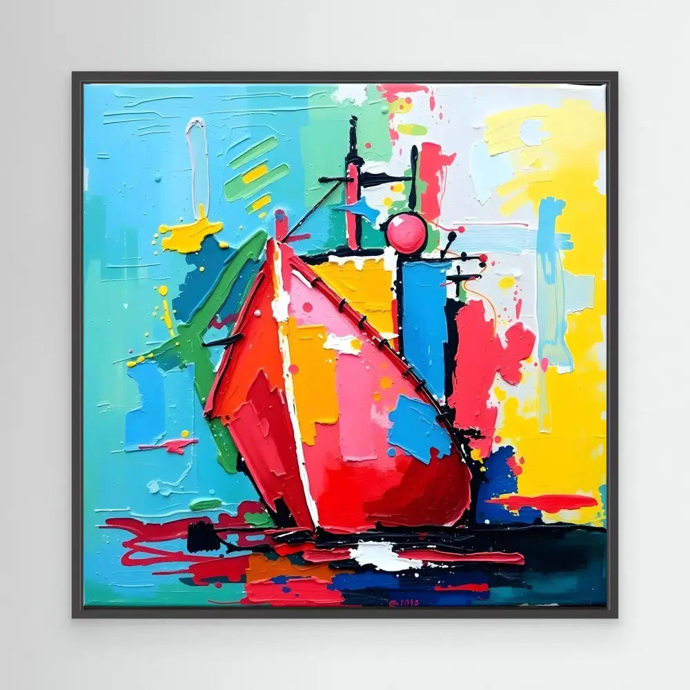 A vibrant abstract sailboat rendered in bold red and blue brushstrokes.