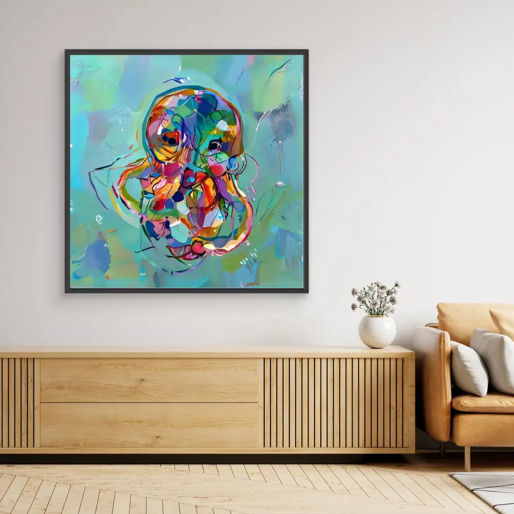 Vibrant, abstract skull painting with swirling multicolored brushstrokes.