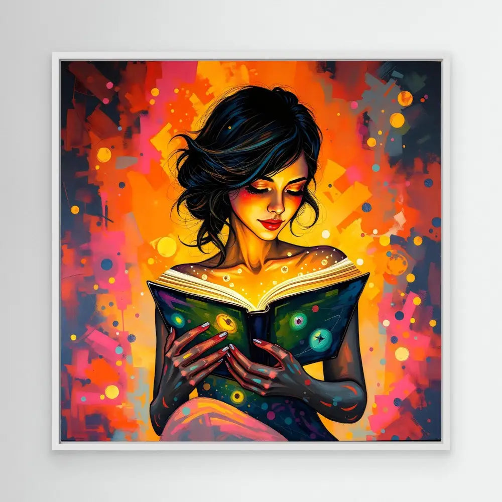 A vibrant artistic illustration of someone reading a glowing book amidst magical sparkles.