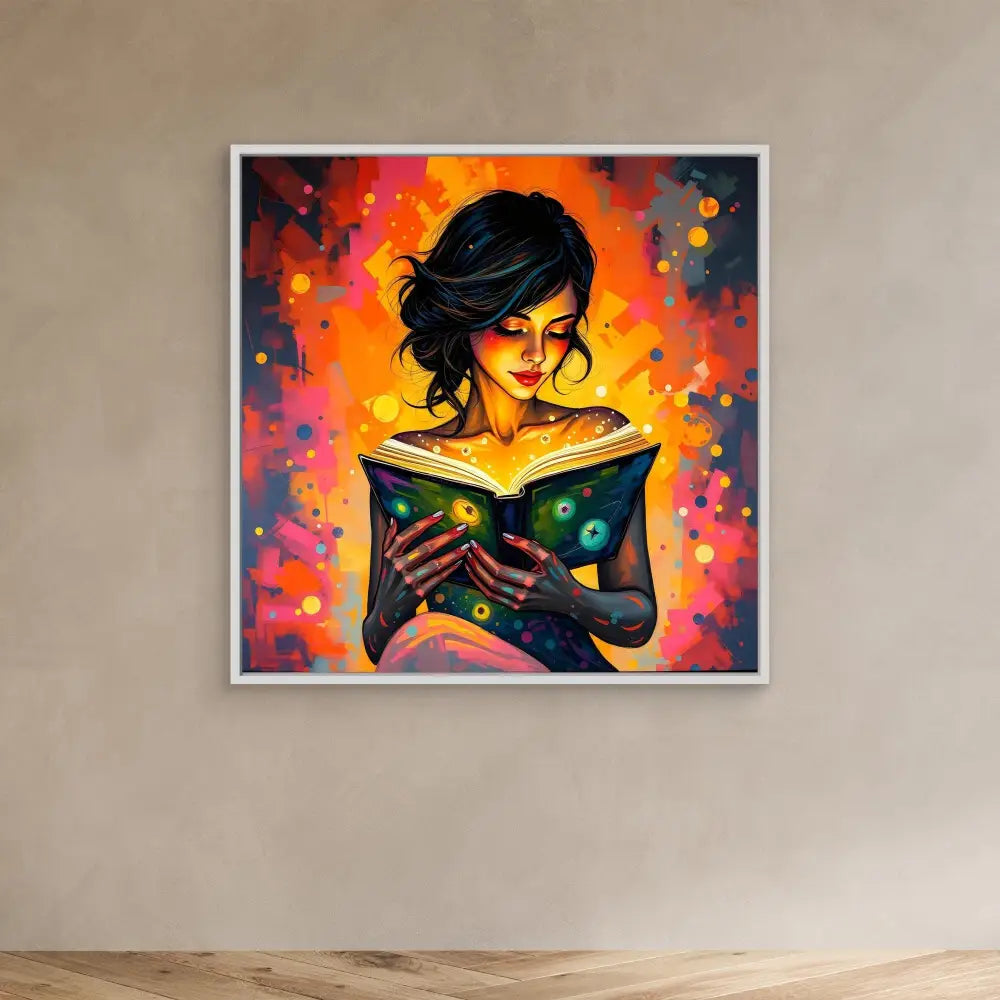 A vibrant artistic illustration of someone deeply engrossed in reading a magical glowing book.