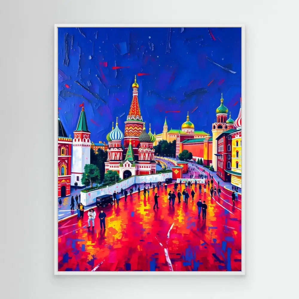 Vibrant artistic painting of Saint Basil’s Cathedral in Moscow with colorful reflections on a rainy street.