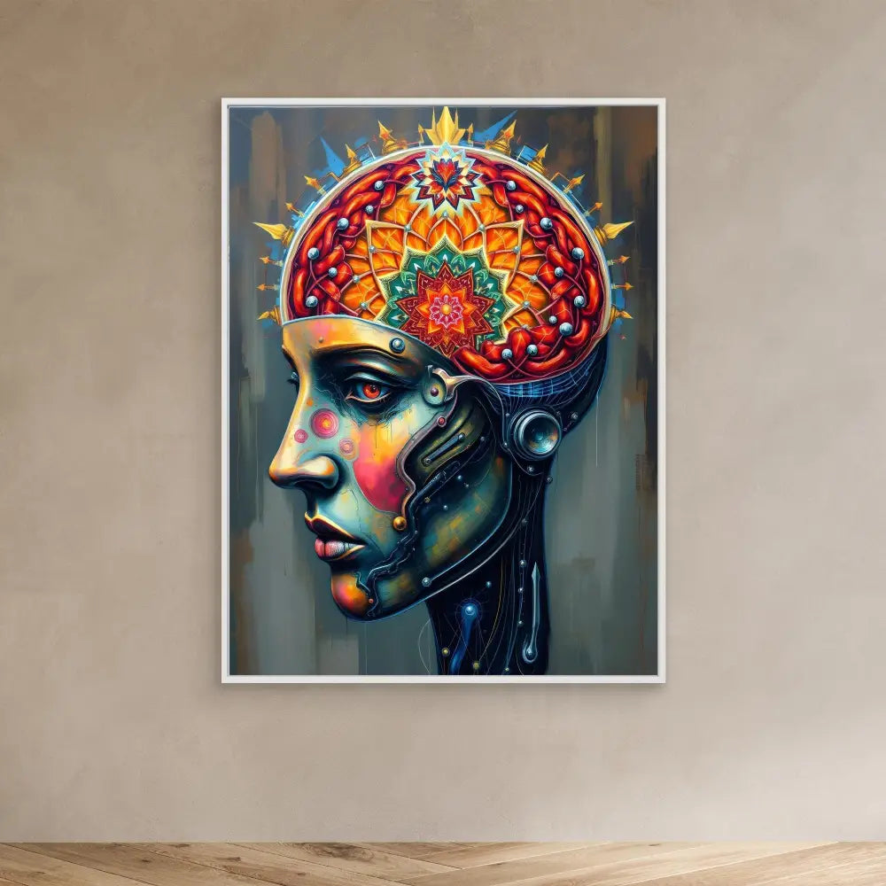 Vibrant artistic portrait of a cybernetic head with a colorful mandala-like brain design.