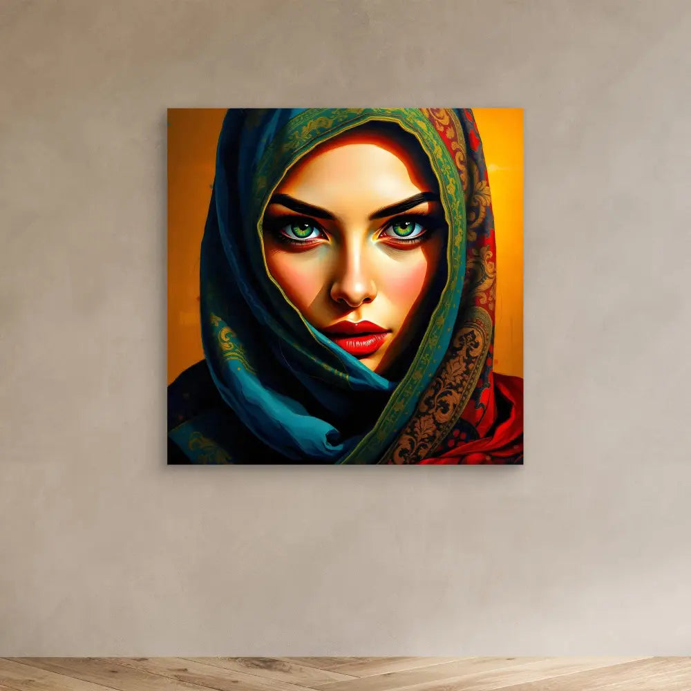 Vibrant artistic portrait of someone wearing a dark teal and patterned hijab against an orange backdrop.