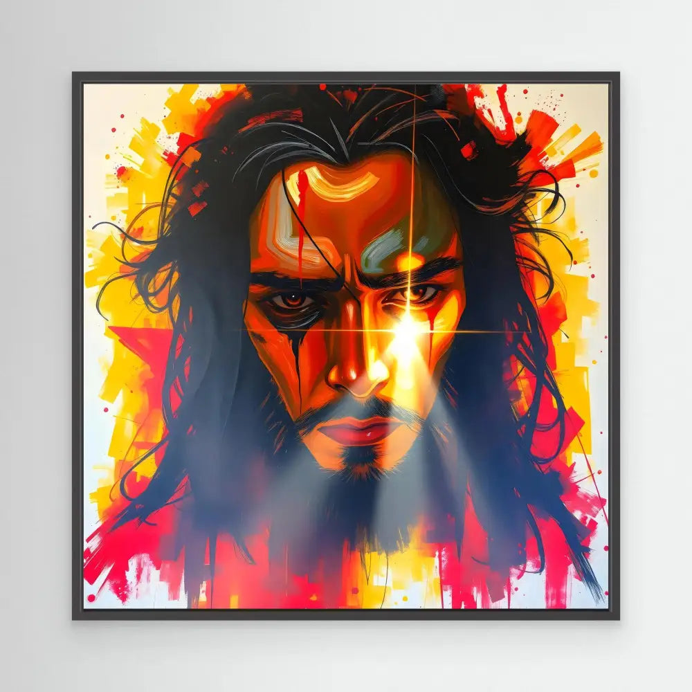 Vibrant artistic portrait with dramatic face paint in fiery orange, red and yellow tones against dark hair.