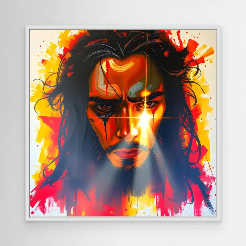 Vibrant artistic portrait with dramatic red and yellow paint splashes creating an intense facial expression.