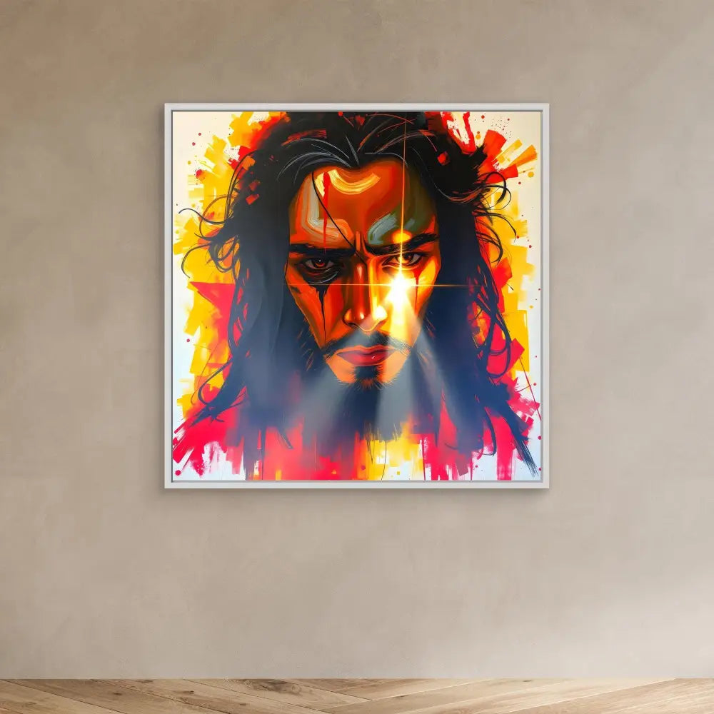 Vibrant artistic portrait with dramatic red, yellow and black colors creating a fiery effect.