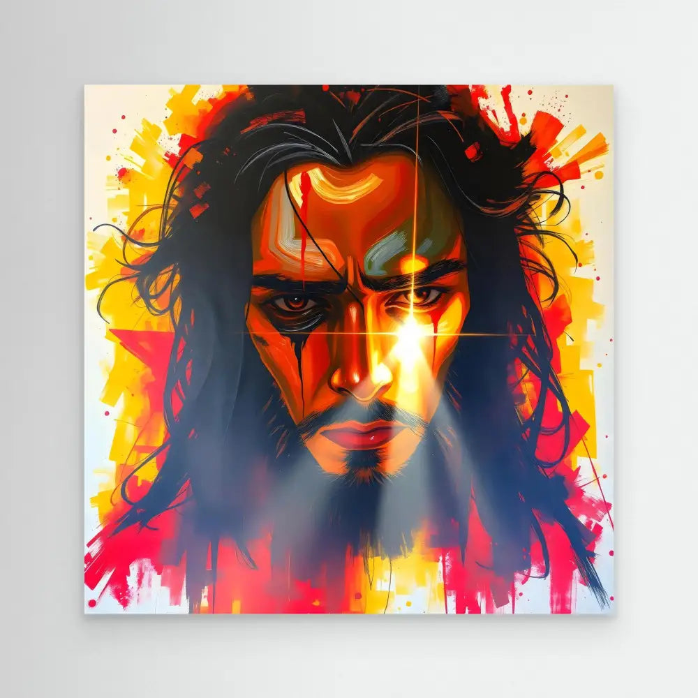 A vibrant artistic portrait with dramatic red and orange paint splashes creating an intense facial expression.