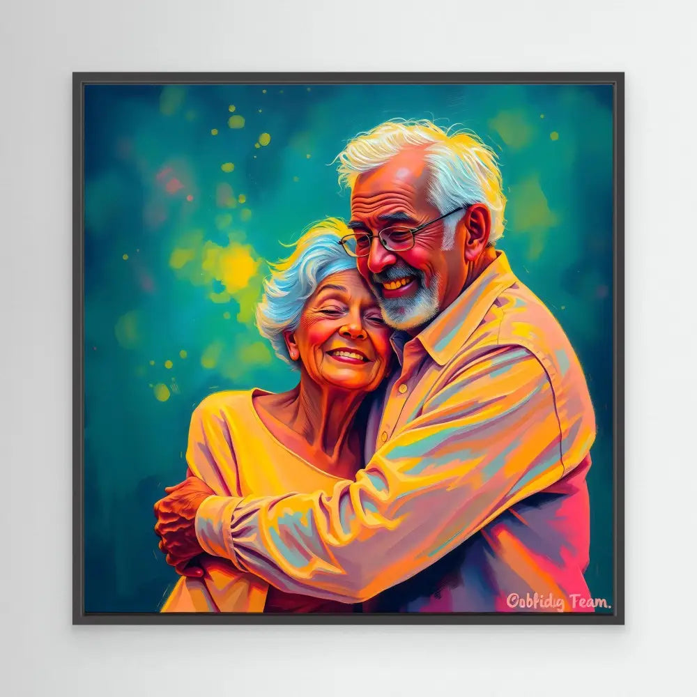 A vibrant artistic portrait of an elderly couple embracing and smiling together.