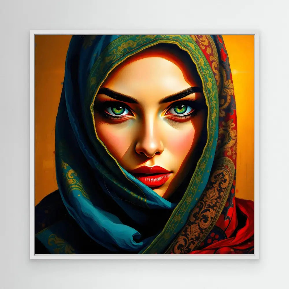 A vibrant artistic portrait showing striking green eyes and red lips framed by an ornate teal and red hijab.