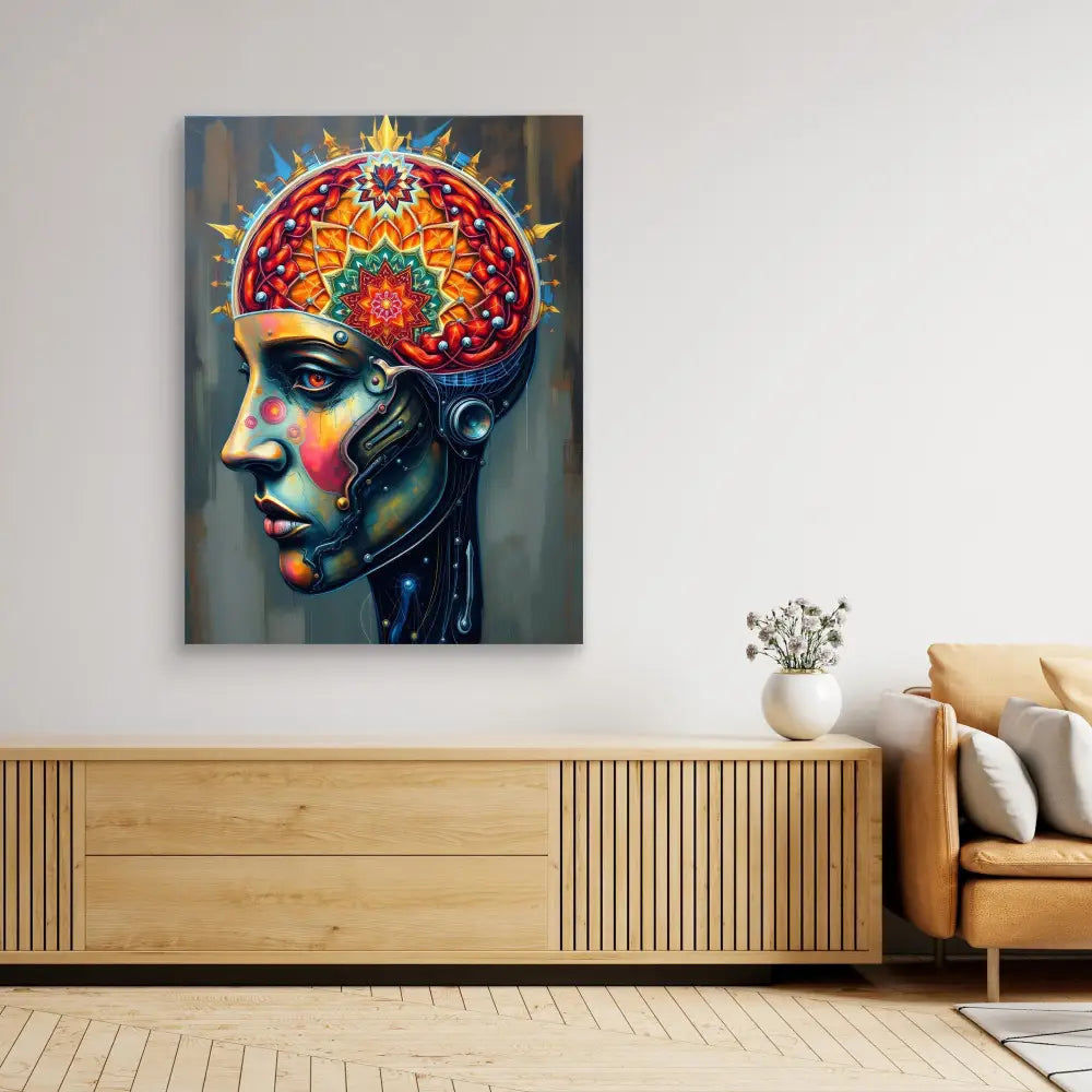 Vibrant artistic portrait showing a profile view with a colorful, mandala-like brain design.