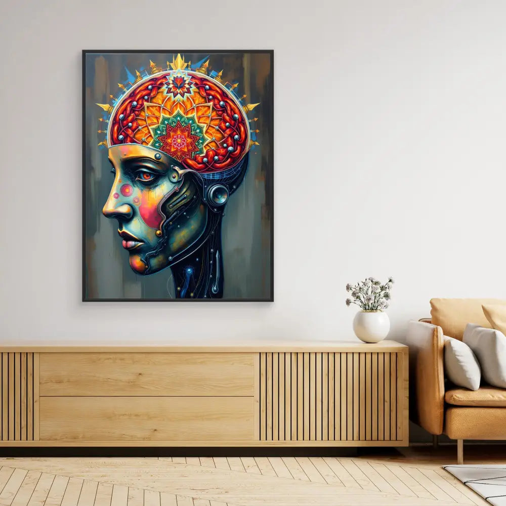 Vibrant artistic portrait showing a profile view with a colorful, mandala-patterned brain design.