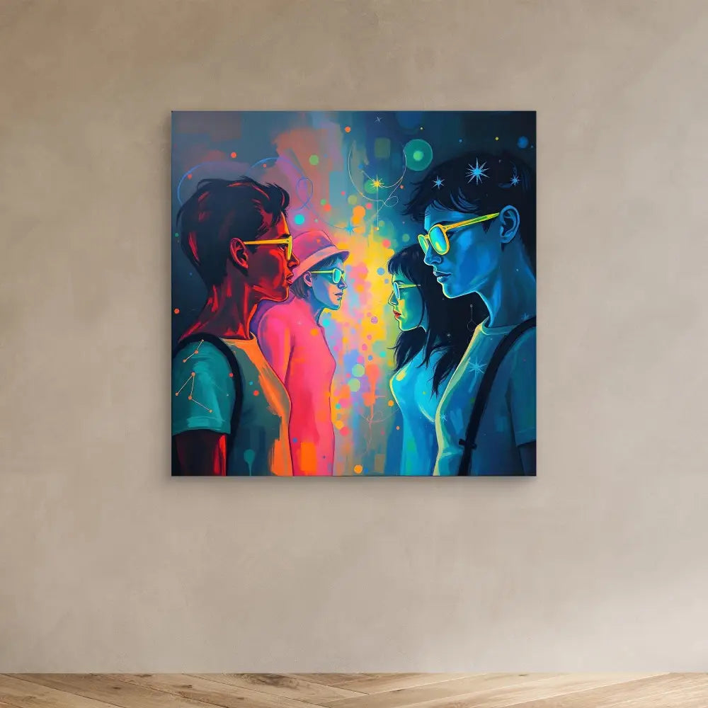 Vibrant artistic portrait showing two silhouetted figures facing each other against a colorful cosmic backdrop.