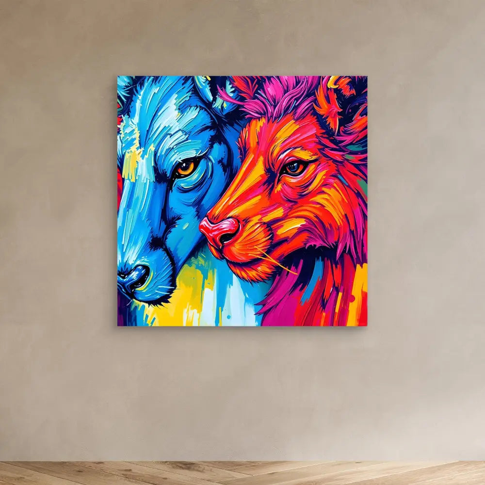 Vibrant artistic portrait of two wolves in contrasting blue and orange-red colors facing each other.