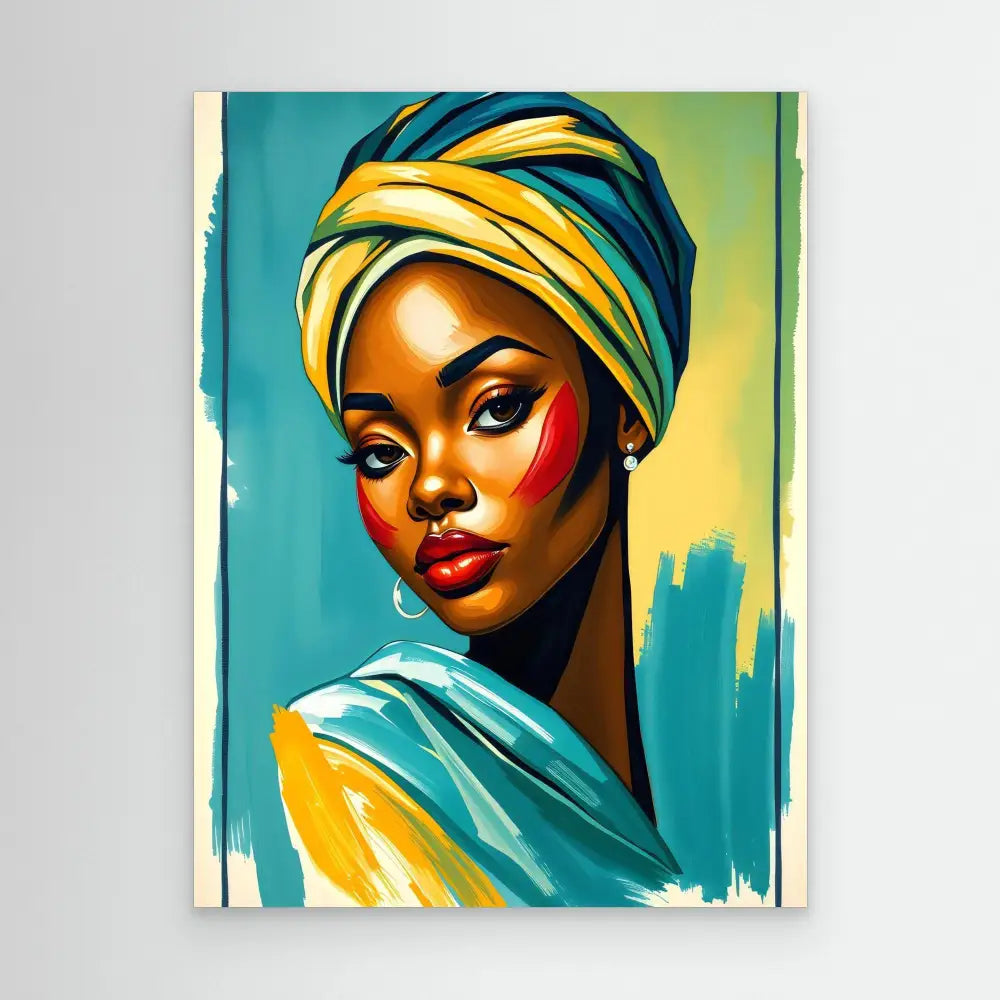 Vibrant artistic portrait of a woman wearing a yellow and turquoise head wrap.