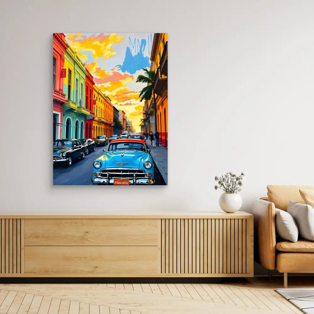 Vibrant artwork depicting classic cars on a colorful Cuban street at sunset.