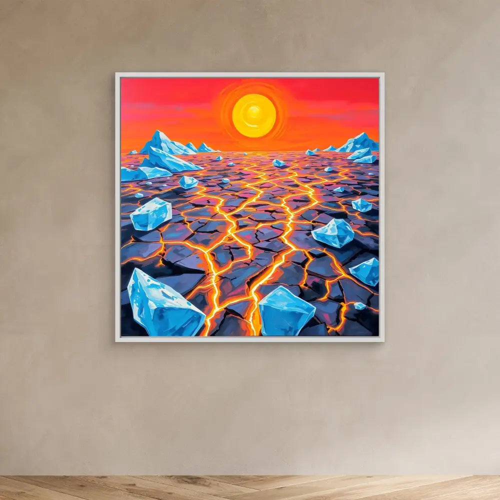 Vibrant artwork depicting a cracked landscape with glowing lava between ice formations under an orange sun.