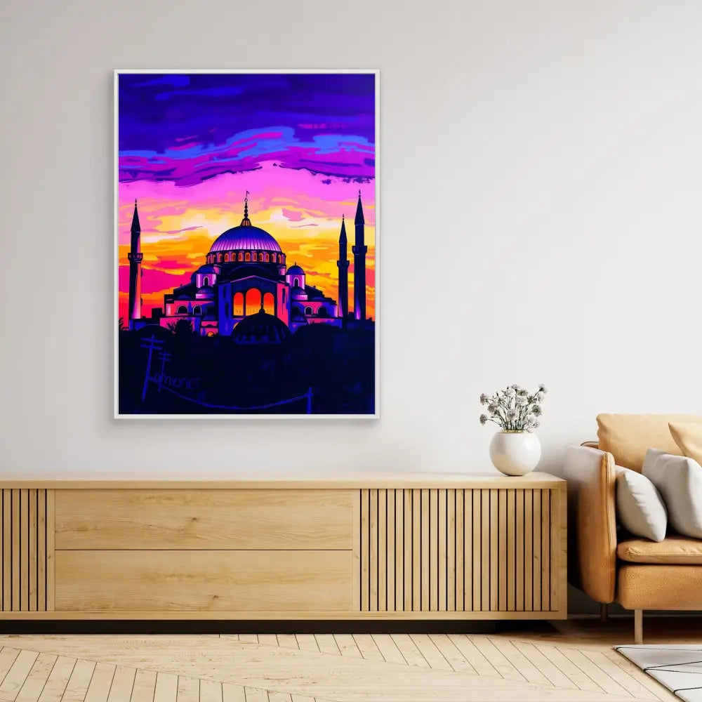 Vibrant artwork of the Hagia Sophia mosque silhouetted against a purple and orange sunset sky.