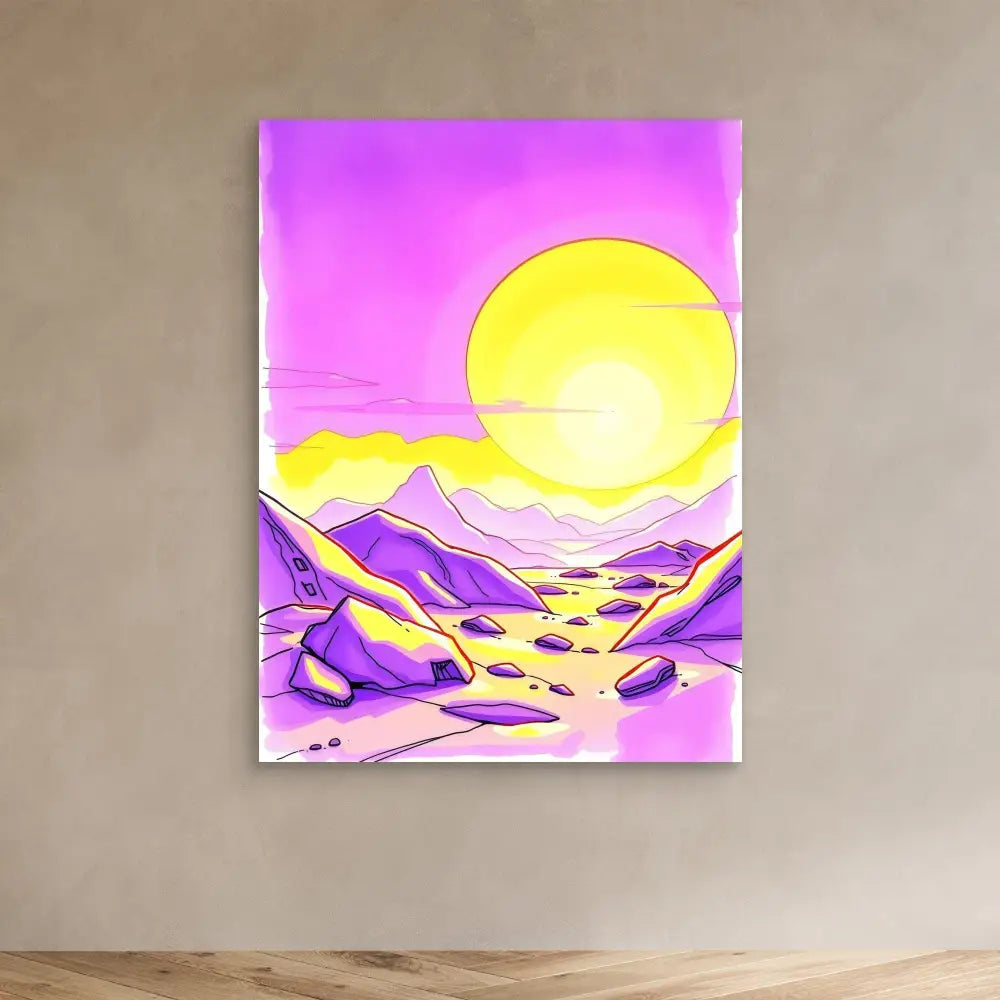 Vibrant artwork depicting a purple mountainous landscape beneath a yellow sun in a pink sky.