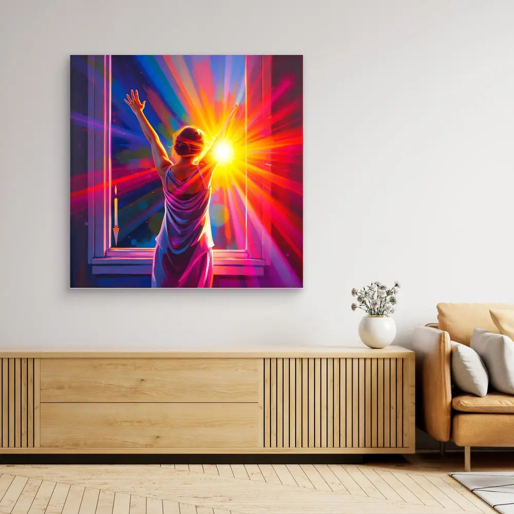 Vibrant artwork depicting a silhouetted figure reaching toward a brilliant sunburst through a window.