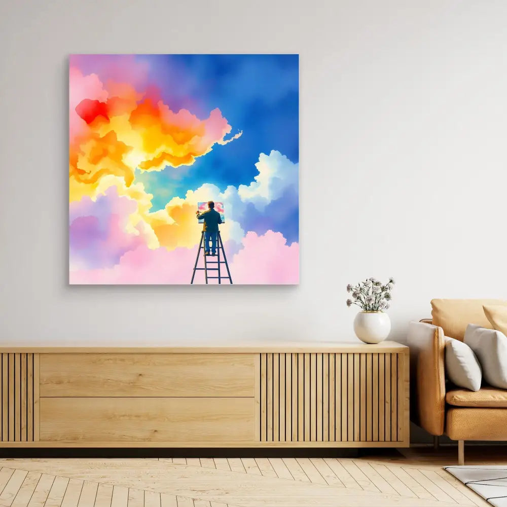 Vibrant artwork showing a silhouetted figure on a ladder painting colorful clouds in the sky.