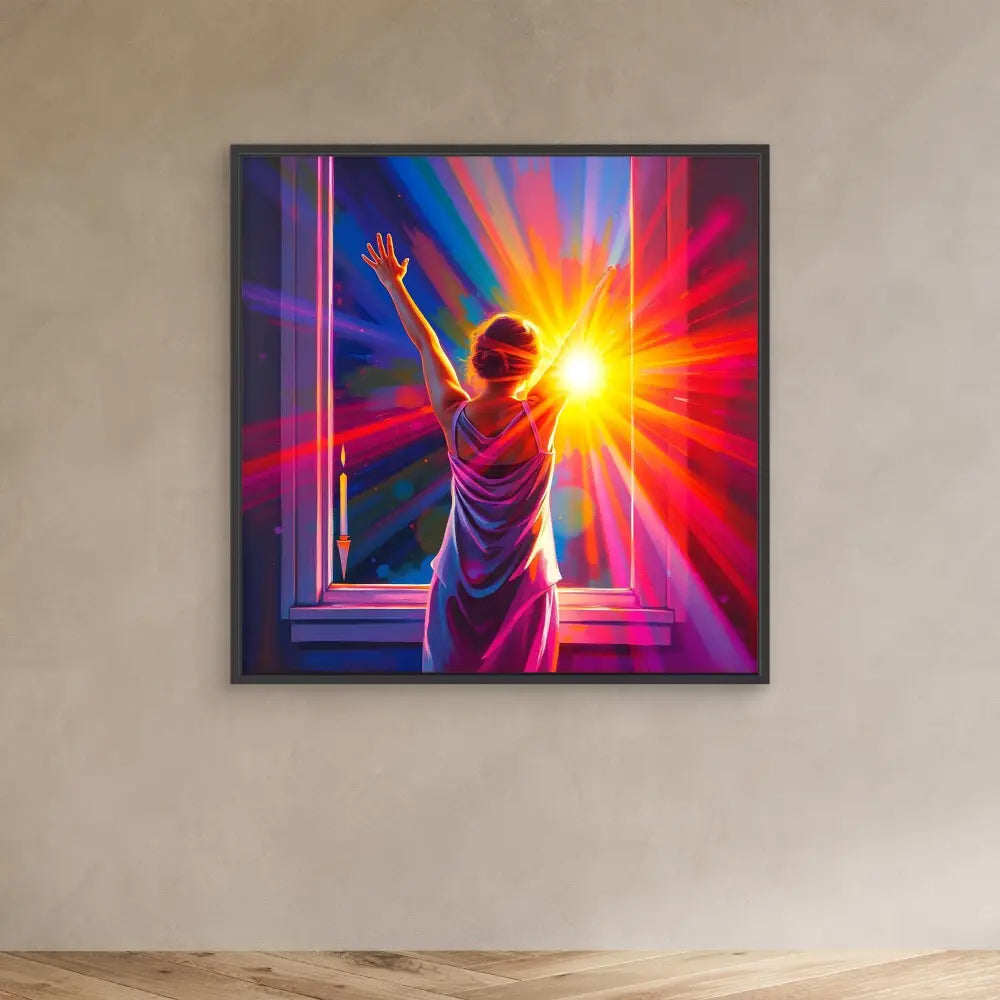 Vibrant artwork depicting a silhouetted figure reaching toward a radiating sunburst.